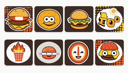 ハンバーガーのレトロな漫画のファーストフードのステッカー。ハンバーガーバー、カフェ、レストランの漫画のキャラクター、スローガン、引用符、その他の要素。トレンディなレトロな漫画スタイルのグルーヴィーなファンキーなベクター イラストです。