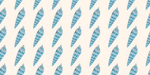 Blue pattern of seashells on white. Ocean exotic underwater seashell conch aquatic mollusk, sea spiral snail, marine starfish. Hello, summer. Vacation. Undersea background. Tropical beach.