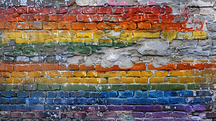 Rainbow flag collared rustic brick wall brickwork