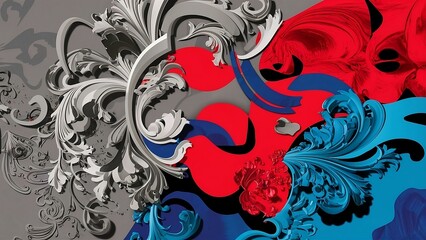 Abstract background with a mix of Baroque and Pop Art style, gray, red and blue colors