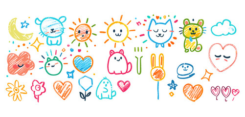 かわいい子供の落書き落書きアイコンを設定します。太陽の花のハート猫犬虹雲笑顔の要素とシンボル。