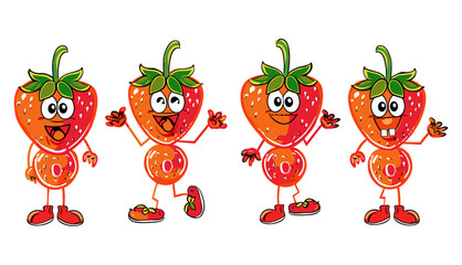 フルーツのレトロなファンキーな漫画のキャラクター。幸せな笑顔の顔、手、足を持つイチゴのコミック マスコット。グルーヴィーな夏のベクター イラストです。フルーツ、フラワー、ベリーのジューシーなステッカー パック。