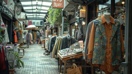 An alleyway in a Japanese shopping district with vintage clothes displayed outside the shops.