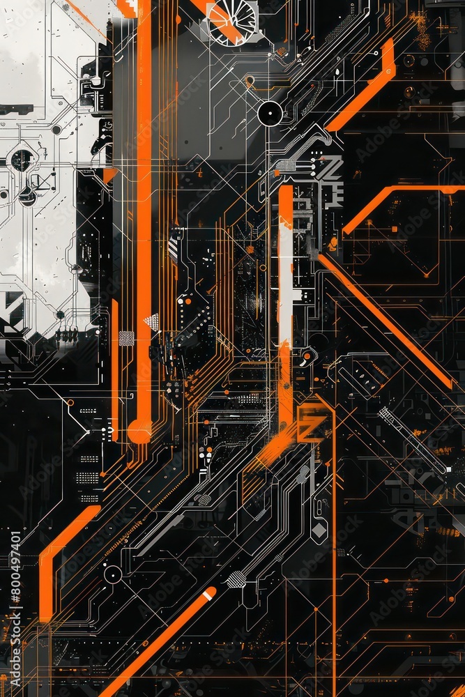 Canvas Prints schematic computer circuit board illustration in black and white and some orange graphic elements