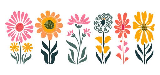 トレンディな素朴なレトロなヒッピー 60 年代 70 年代スタイルに設定された現代的な抽象的なフラワー アート。グルーヴィーな有機落書きの形、ピンク、黄色、オレンジ色の花の植物のベクトル図、ポスター、背景、サイケデリック、活気のある、気まぐれな、ヴィンテージ、ボヘミアン