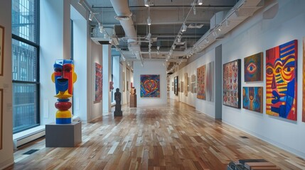 An art gallery with colorful paintings and sculptures on display