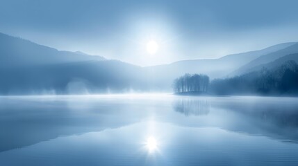 Fototapeta premium A foggy scene of a body of water surrounded by mountains with a radiant sun overhead
