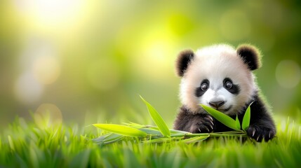 Naklejka premium A small panda sits atop a verdant grass field, surrounded by a single green leafy plant