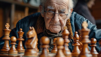 An elderly man stares intently at a chessboard, contemplating his next move.