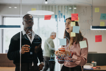 Multiracial young colleagues collaborate in a brainstorming session using sticky notes on a glass...