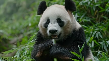   A tight shot of a panda in a meadow, surrounded by tall trees in the background and dense bushes up front