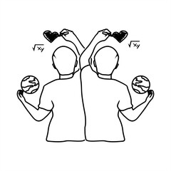 line art illustration of two people drawing a heart. carrying a globe. for Teacher's Day theme