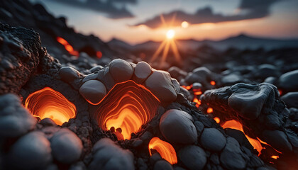 Landscape photo of fiery vulcanic red hot lava rocks flow at sunset, Nature backgrounds, geology illustrations.