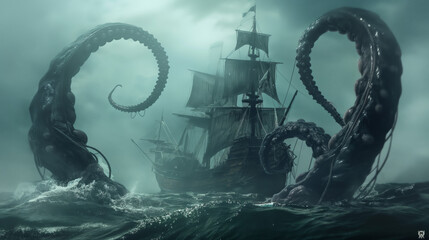 A gloomy seascape illustrating a violent battle between a sailing ship and monstrous sea creatures under stormy skies