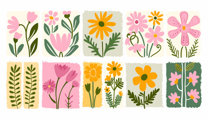 マティスの曲線美。グルーヴィーな抽象的なフラワー アート セット。トレンディな素朴なレトロなヒッピー 60 年代 70 年代スタイルの有機的な花の落書きの形。ピンク、黄色、緑の色の植物のベクトル図。