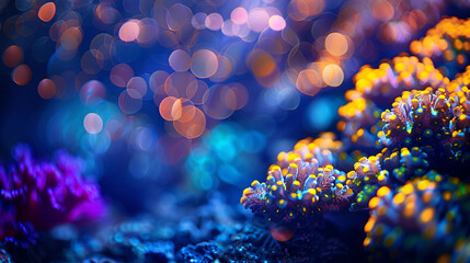 A vibrant coral and midnight blue abstract landscape, where bokeh lights mimic the explosive beauty of a coral reef at night.