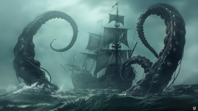 A gloomy seascape illustrating a violent battle between a sailing ship and monstrous sea creatures under stormy skies