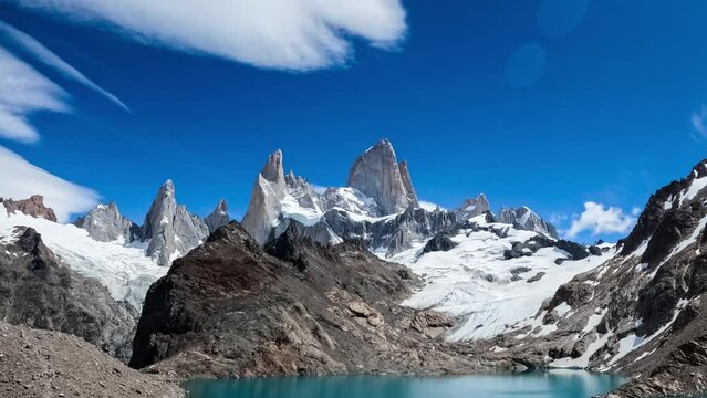 Timelapse of Mount Fitz Roy with Laguna de los Tres in El Chalten, Patagonia Argentina, South America.