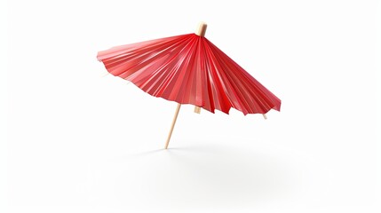 Realistic 3D vector model of a toothpick cocktail umbrella, crafted from red paper, isolated on a white background.