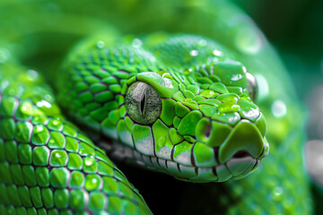 Macro detailed exotic poisonous bright green snake