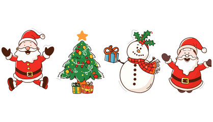 メリークリスマスと新年あけましておめでとうございますのステッカー。サンタ クロースは、トレンディーなレトロな漫画スタイルでハートのクリスマス ツリーをプレゼントします。漫画のキャラクターと要素のステッカー パック。
