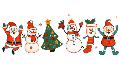 メリークリスマスと新年あけましておめでとうございますのステッカー。サンタ クロースは、トレンディーなレトロな漫画スタイルでハートのクリスマス ツリーをプレゼントします。漫画のキャラクターと要素のステッカー パック。