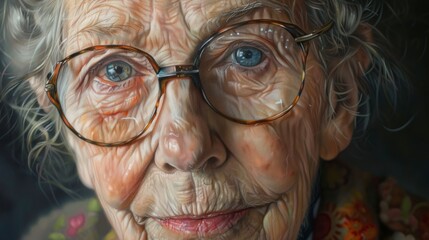An oil painting of an elderly woman wearing glasses with a serene smile on her face.