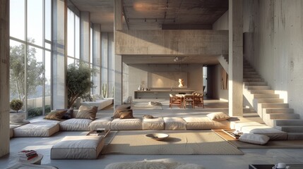 An open floor plan living room with concrete walls and large windows. There is a sunken seating area with pillows and a coffee table.