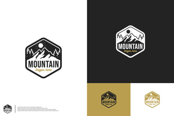 Outdoor badge logo with mountain, retro style, logo design vector.