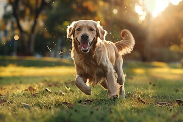 Golden Retriever running blissfully in park