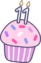 birthday cupcake with candle  number 11 for happy birthday greetings card or invitation