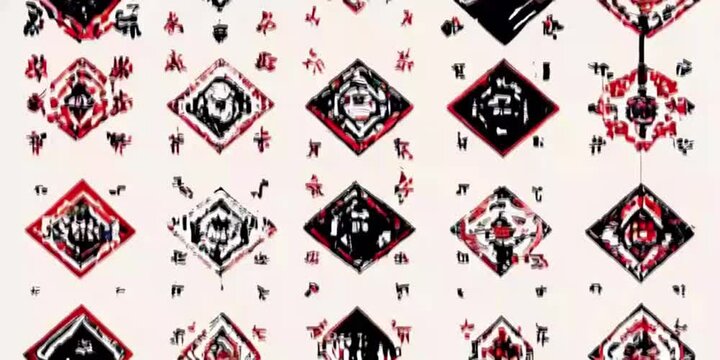 A grid of symmetrical pixel art patterns, each depicting traditional ukrain folk ornament elements in red and black colors