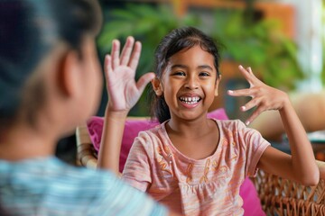 Inspiring Learning Moment of a Pacific Islander Child Practicing Sign Language, Connection Through Visual Symbols