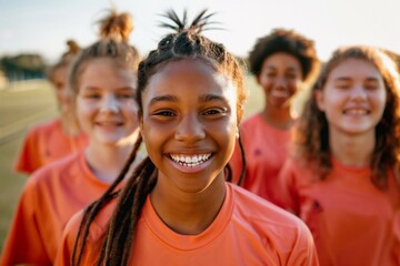 A diverse group of young girls in soccer gear, smiling together on the field, showcasing team unity