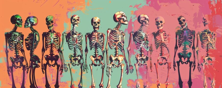 Colorful artistic representation of a sequence of human skeletons