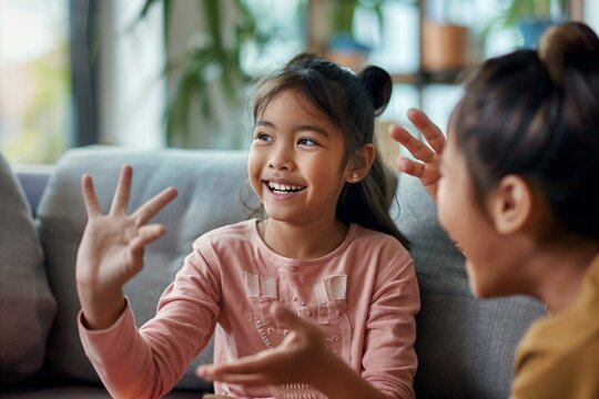 A joyful Pacific Islander child communicates using sign language, expressing happiness and engagement in learning