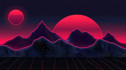 Vibrant Sunset Over Digital Mountain Landscape