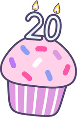 birthday cupcake with candle  number 20 for happy birthday greetings card or invitation