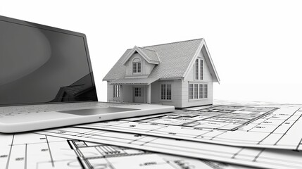 Representation of a laptop, house model, and blueprint illustrating a project in 3D.