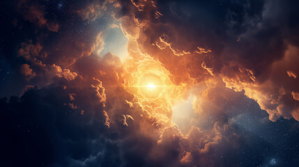 An awe-inspiring scene of cosmic clouds illuminated by a bright, fiery light in the center, invoking the vastness of space - obrazy, fototapety, plakaty