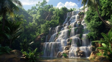  A majestic waterfall cascading down rugged cliffs into a pristine pool below, surrounded by lush greenery
