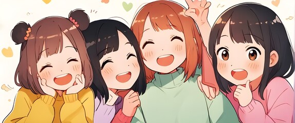 Illustration of a group of diverse cute and happy young girls. Generative AI