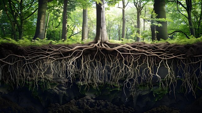 diagram of underground root system of tree growing in forest in soil section