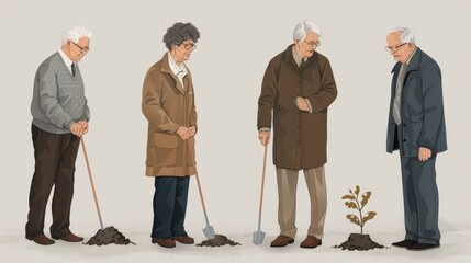Four old men planting a tree