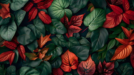 Background image of red and green forest leaves, the colors of autumn plants, ideal for seasonal use.