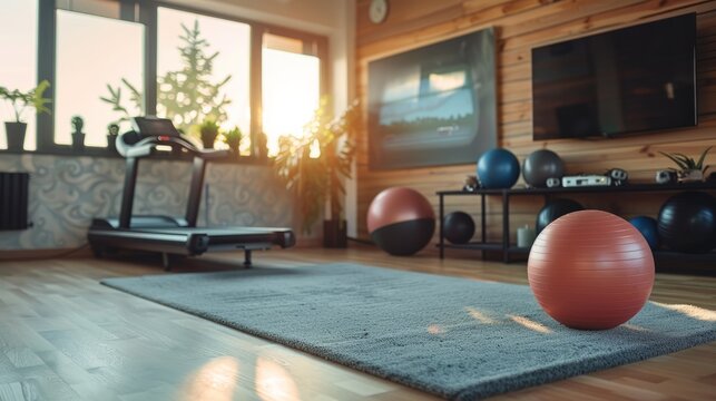 Home gym with a treadmill, yoga mat, and exercise ball