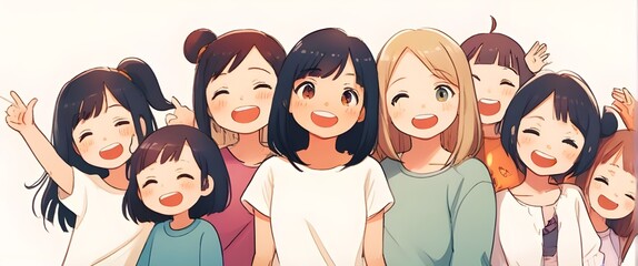 Illustration of a group of diverse cute and happy young girls. Generative AI