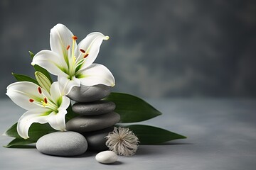 Two white lily flowers on a grey spa stones stack on a gray background
