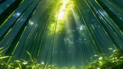 Bamboo grove with sunbeams in Tokyo, Japan.