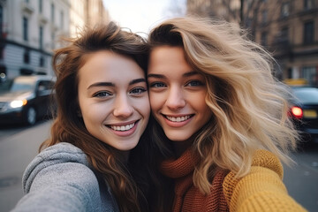 Two beautiful young women, brunette and blonde hugging and smiling at city street